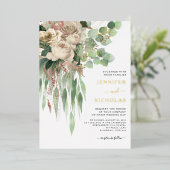 シック金ゴールドフローラ白黒結婚ズ 箔招待状 (立ち正面)