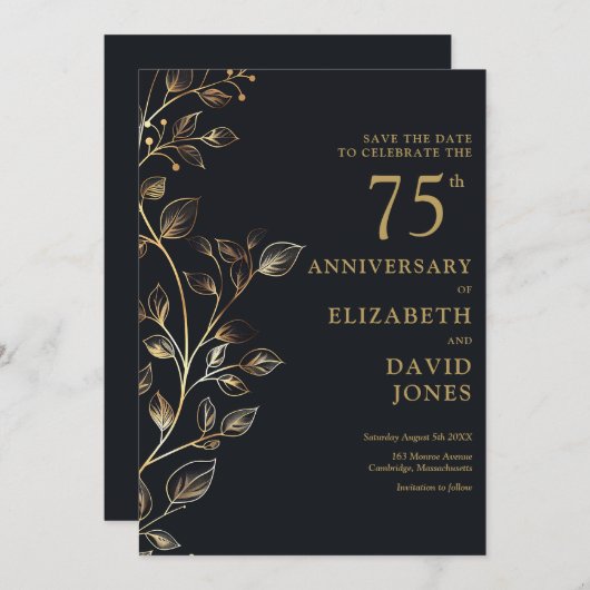 シック金ゴールドフローラ結婚75周年記念 セーブザデート (正面/裏面)
