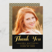 シック金ゴールドブラック卒業写真サンキューカード 案内状 (正面/裏面)