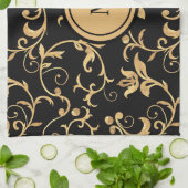 シック金ゴールドブラック王室のモノグラムダマスク キッチンタオル (折り畳み)