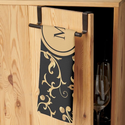 シック金ゴールドブラック王室のモノグラムダマスク キッチンタオル (三つ折り)