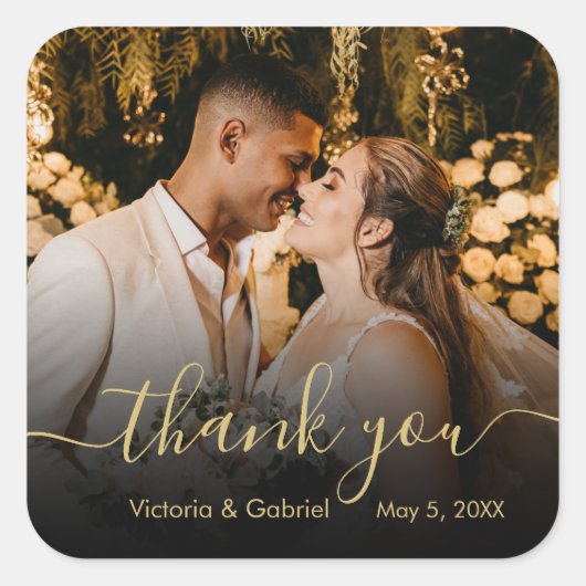 シック金ゴールドブラック結婚スクリプトの感謝の写真 スクエアシール (正面)