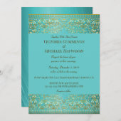 シック金ゴールドペイズリーアンドアクアブルー 招待状 (正面/裏面)