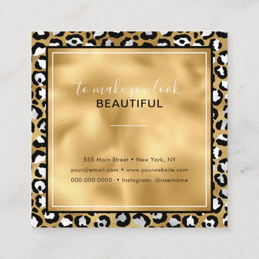 シック金ゴールドホワイトヒョウ印刷ファッション スクエア名刺 (裏面)