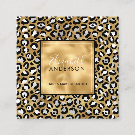 シック金ゴールドホワイトヒョウ印刷ファッション スクエア名刺 (正面)