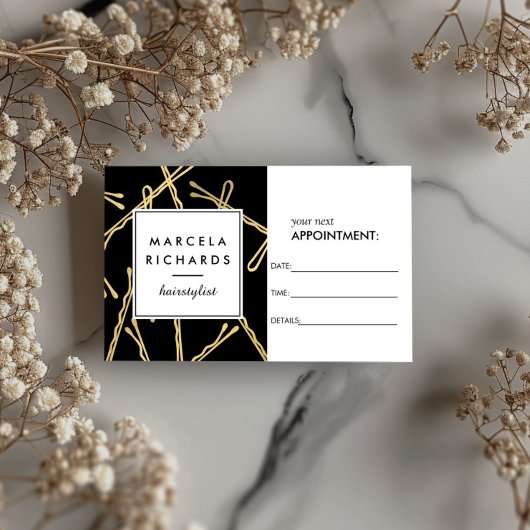 シック金ゴールドボビーピンヘアサロンブラックアポイントメント 予約カード