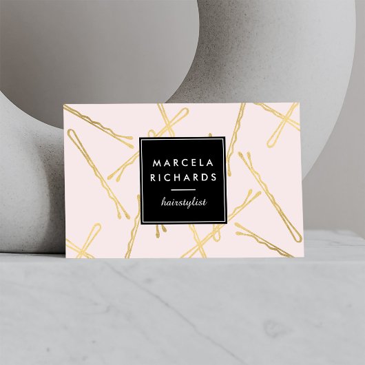 シック金ゴールドボビーピン美容師サロンピンク 名刺