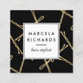 シック金ゴールドボビーピン美容師サロンブラック スクエア名刺 (正面)