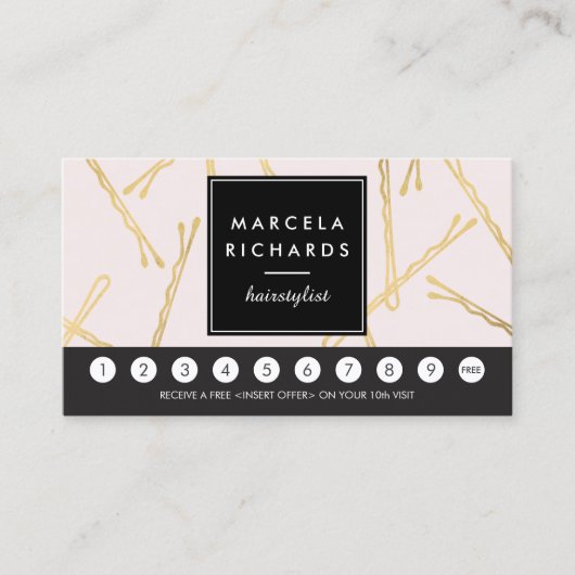 シック金ゴールドボビーピン美容師ピンクロイヤリティ ロイヤリティカード (正面)