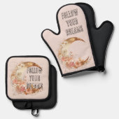 シック金ゴールドボホ赤面ピンクフローラ 鍋つかみ&鍋敷きセット (正面/裏面)