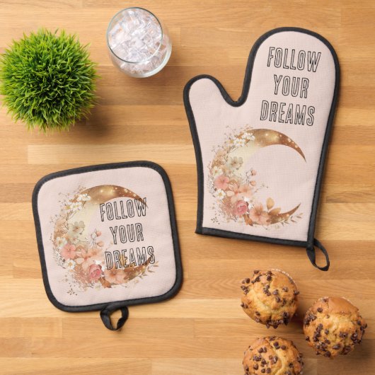 シック金ゴールドボホ赤面ピンクフローラ 鍋つかみ&鍋敷きセット (トップダウン)