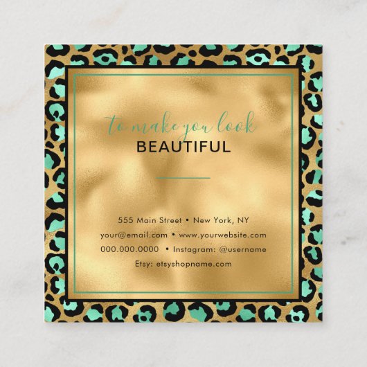 シック金ゴールドミントヒョウ印刷イヤリングディスプレイカード スクエア名刺 (裏面)