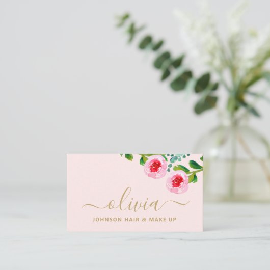 シック金ゴールドモダンピンクフローラメイクアップアーティストサロン 名刺 (スタンド正面)