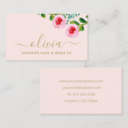 シック金ゴールドモダンピンクフローラメイクアップアーティストサロン 名刺 (正面/裏面)