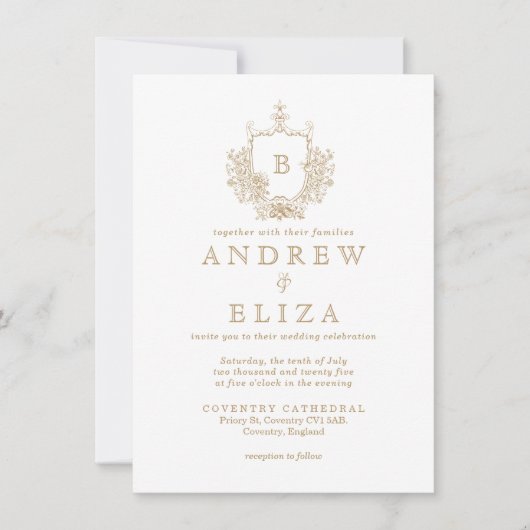 シック金ゴールドモノグラムクレスト結婚式招待状 招待状 (正面)