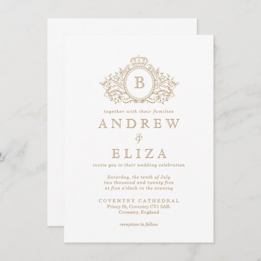 シック金ゴールドモノグラムクレスト結婚式招待状 招待状 (正面/裏面)