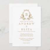 シック金ゴールドモノグラムクレスト結婚式招待状 招待状 (正面/裏面)