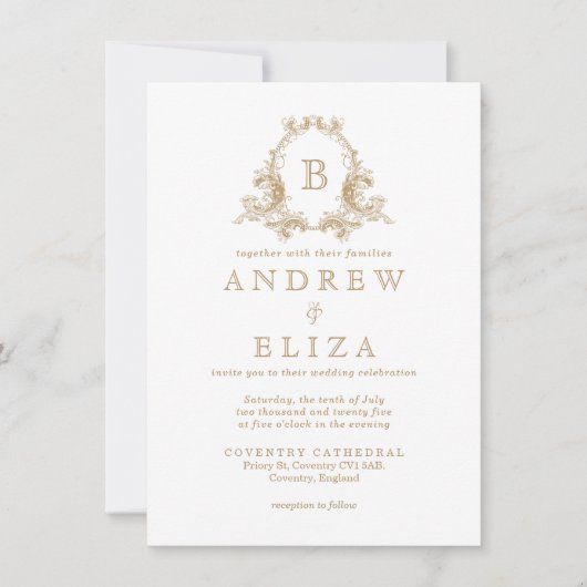 シック金ゴールドモノグラムクレスト結婚式招待状 招待状 (正面)