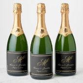 シック金ゴールドモノグラムスクリプトタイポグラフィブラック結婚ズ スパークリングワインラベル (ボトル)