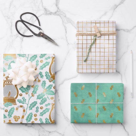シック金ゴールドランタン&ホリーラッピング紙シート ラッピングペーパーシート (正面)