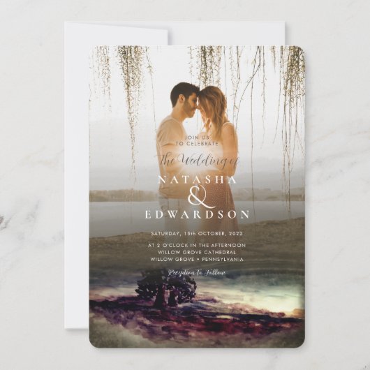 シック金ゴールドランドスケープオーバーレイ2枚結婚の写真 招待状 (正面)