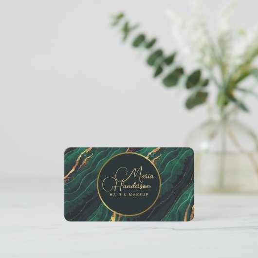 シック金ゴールドロゴスパークリー&ダークグリーンアゲートグリッター 名刺 (スタンド正面)