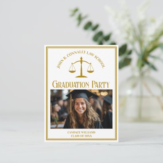 シック金ゴールドロースクールフォト卒業パーティー インビテーションポストカード (スタンド正面)