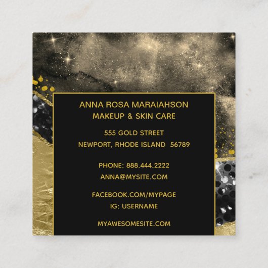 *~*シック金ゴールド人気があるグリッターブラックアゲート スクエア名刺 (裏面)