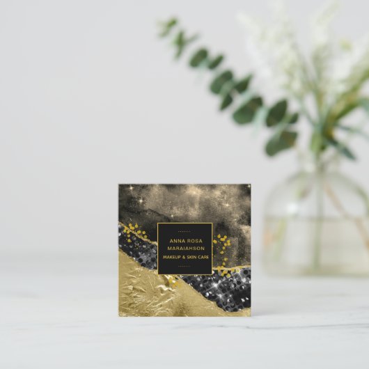 *～*シック金ゴールド人気があるグリッターブラックアゲート  スクエア名刺 (スタンド正面)