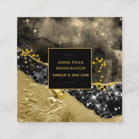 *～*シック金ゴールド人気があるグリッターブラックアゲート  スクエア名刺 (正面)