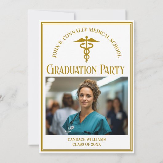 シック金ゴールド医学校卒業写真パーティー 招待状 (正面)
