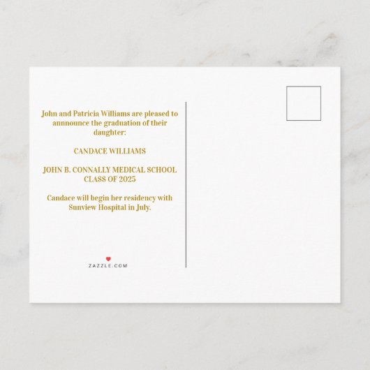 シック金ゴールド医学校卒業写真 案内ポストカード (裏面)