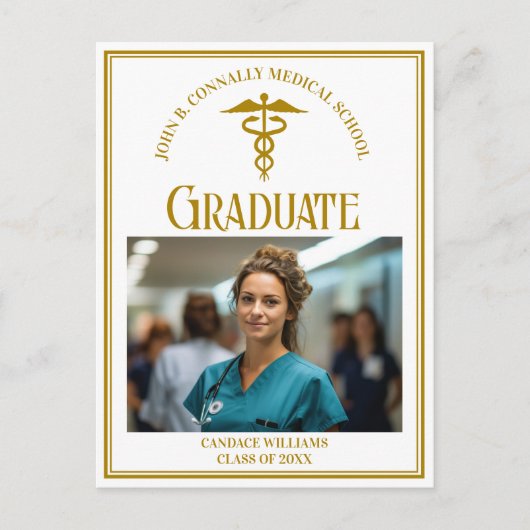 シック金ゴールド医学校卒業写真 案内ポストカード (正面)