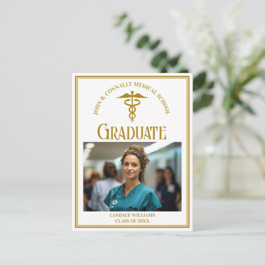 シック金ゴールド医学校卒業写真 案内ポストカード (スタンド正面)