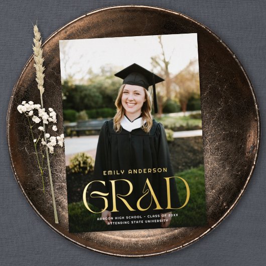 シック金ゴールド型グラッド写真卒業発表 箔招待状