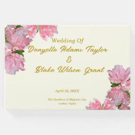 シック金ゴールド文字、ピンクツツツツジ&アイボリー結婚ズ ゲストブック