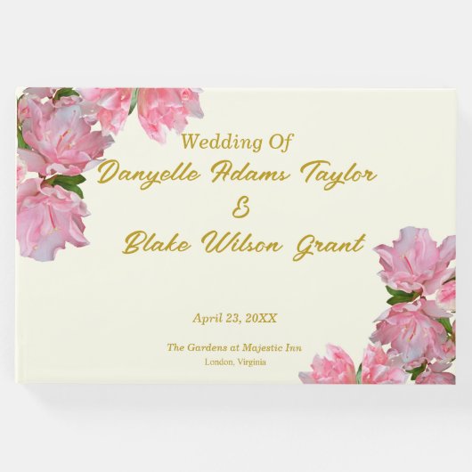 シック金ゴールド文字、ピンクツツツツジ&アイボリー結婚ズ ゲストブック (正面)