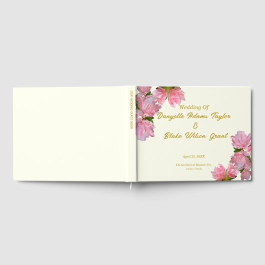 シック金ゴールド文字、ピンクツツツツジ&アイボリー結婚ズ ゲストブック (全面)