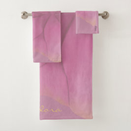 シック金ゴールド明るい赤紫色抽象芸術フローラパターン バスタオルセット