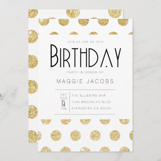 シック金ゴールド水玉模様バースデーパーティー 招待状 (正面/裏面)