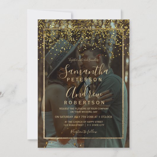 シック金ゴールド紙吹雪タイポグラフィ結婚写真 招待状 (正面)