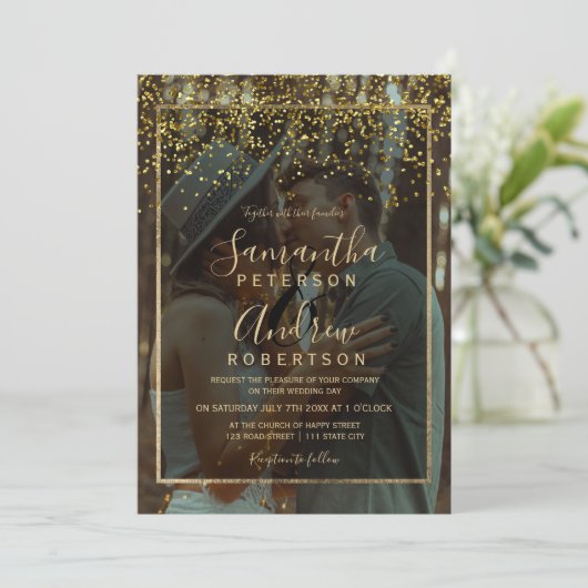 シック金ゴールド紙吹雪タイポグラフィ結婚写真 招待状 (スタンド正面)