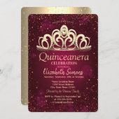 シック金ゴールド紙吹雪ティアラブルガンディキンセアニラ 招待状 (正面/裏面)