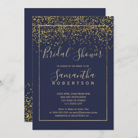 シック金ゴールド紙吹雪ネイビーブルースクリプトブライダルシャワー 招待状 (正面/裏面)