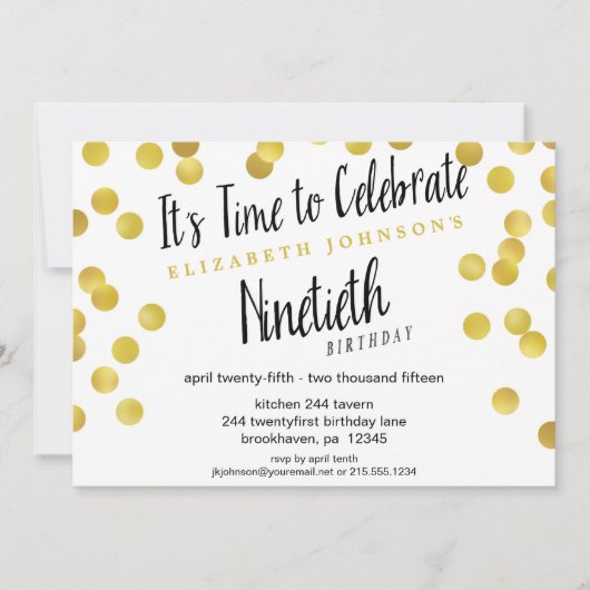 シック金ゴールド紙吹雪90thバースデーパーティー招待状 招待状 (正面)