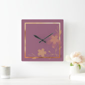 シック金ゴールド紫抽象芸術フローラフレーム スクエア壁時計 (ホーム)