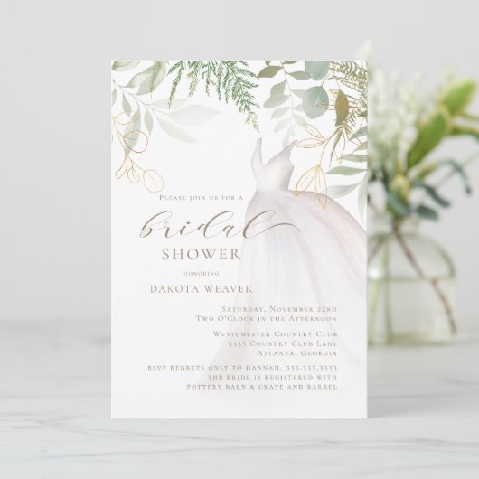 シック金ゴールド結婚グリーナリーズドレスブライダルシャワー 招待状 (スタンド正面)