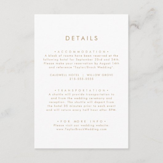 シック金ゴールド結婚タイポグラフィ詳細 エンクロージャーカード (正面)