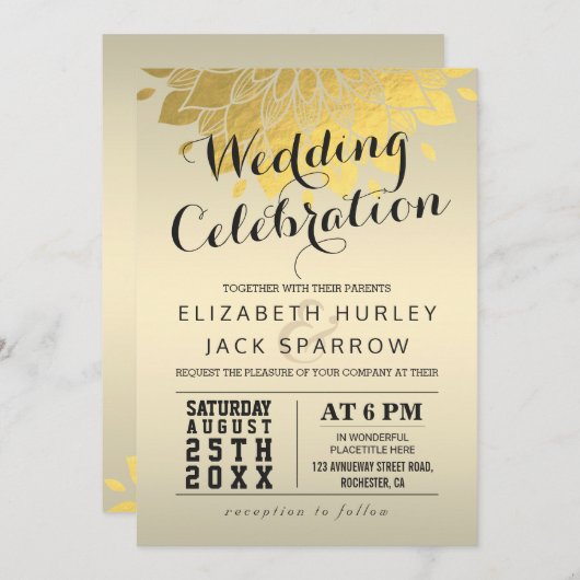 シック金ゴールド結婚フローラお祝い招待状 招待状 (正面/裏面)