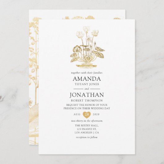 シック金ゴールド結婚フローラ 招待状 (正面/裏面)